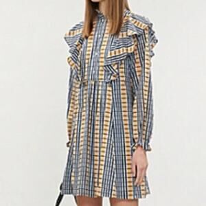 Samsoe Samsoe Martha Short Dress Organic Cotton Plaid Ruffle Long Sleeve Size XS